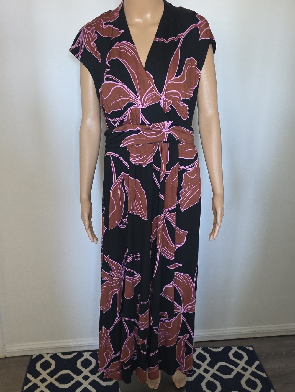 Soma Black Floral Maxi Dress with Pink and Brown Print